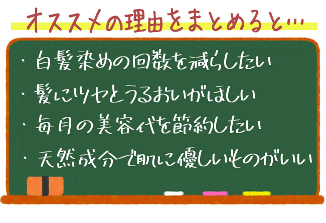 オススメの理由をまとめると.…白髪染めの回数を減らしたい、髪にツヤとうるおいが欲しい、毎月の美容代を節約したい、天然成分で肌に優しいものがいい